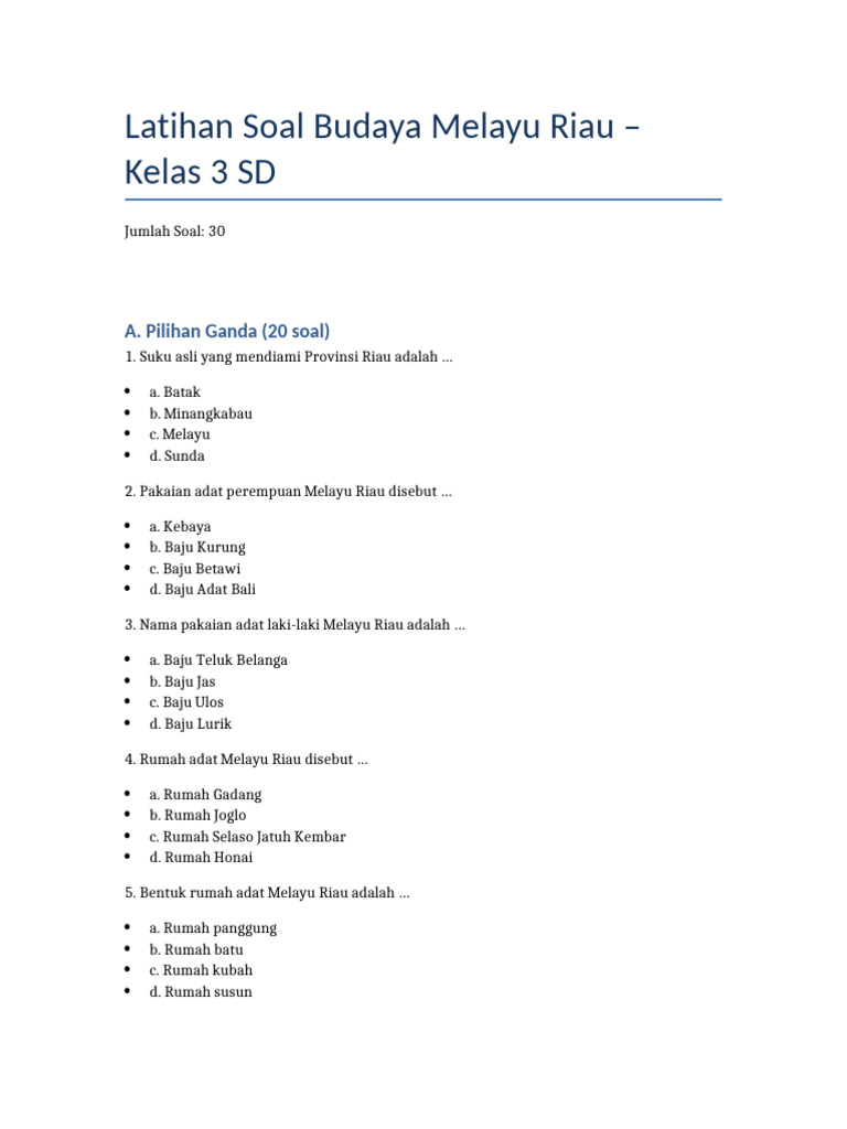 10 Contoh Soal Budaya Melayu Riau Kelas 3 SD Paling Sering Keluar Saat Ujian Terbaru 2026