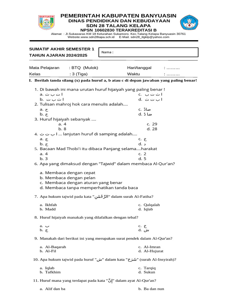 Soal BTQ Kelas 3 Semester 1 PDF