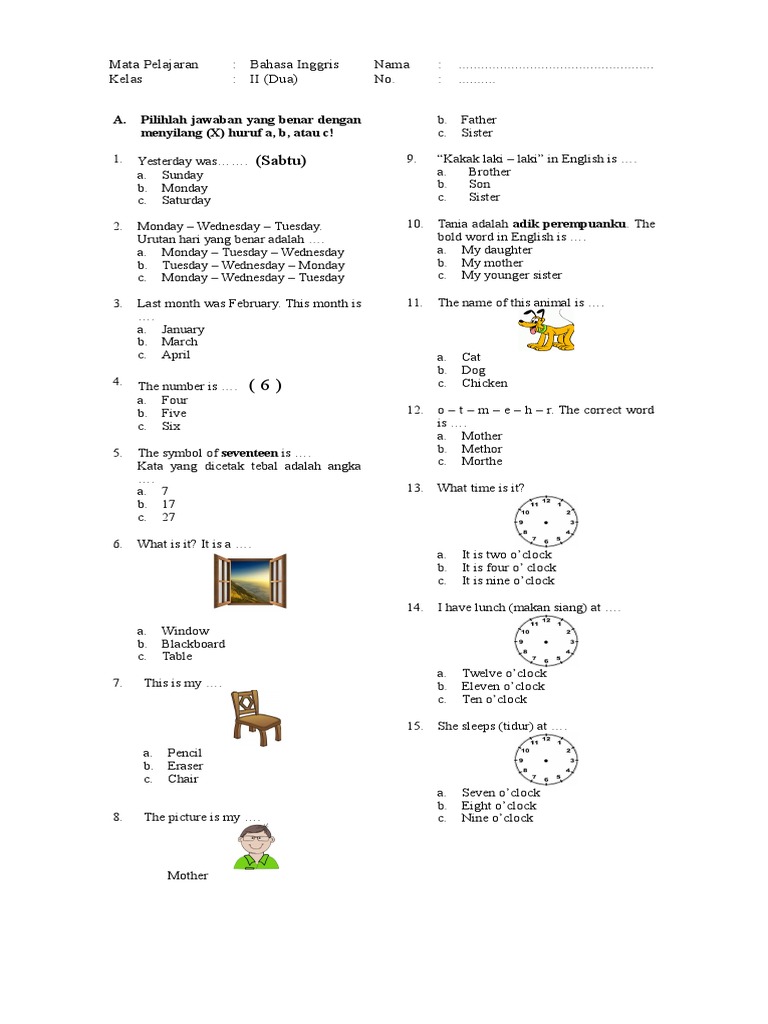 contoh soal bhs inggris kelas 3 sd utk jam