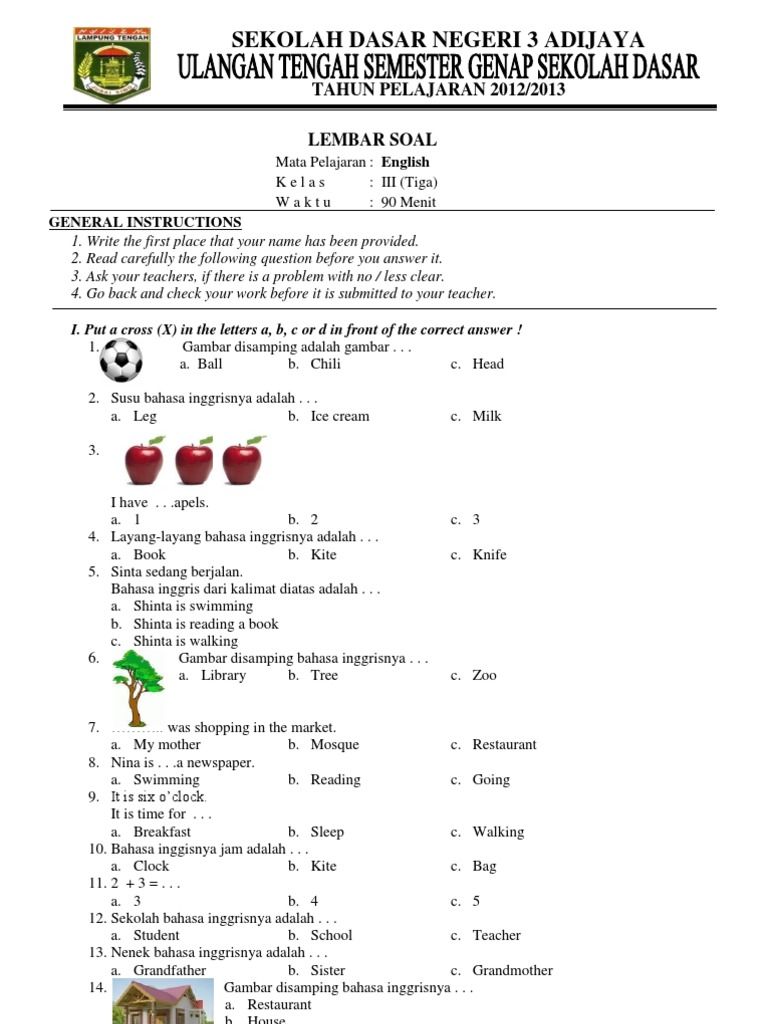 contoh soal bhs inggris sd kelas 3