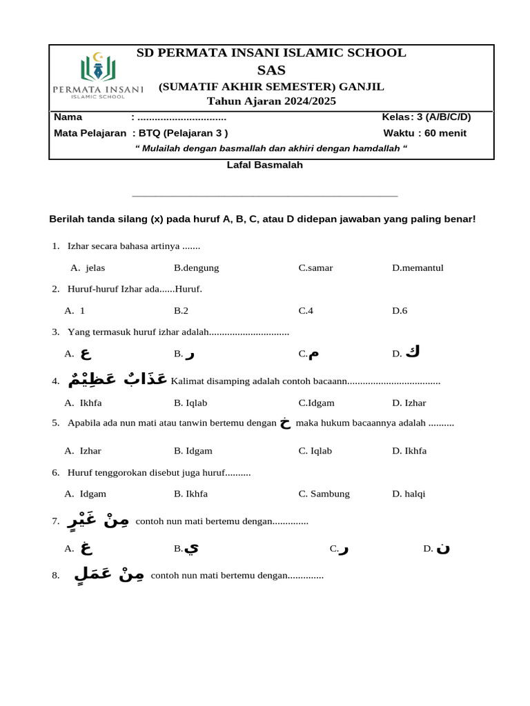 contoh soal btq kelas 3 sd