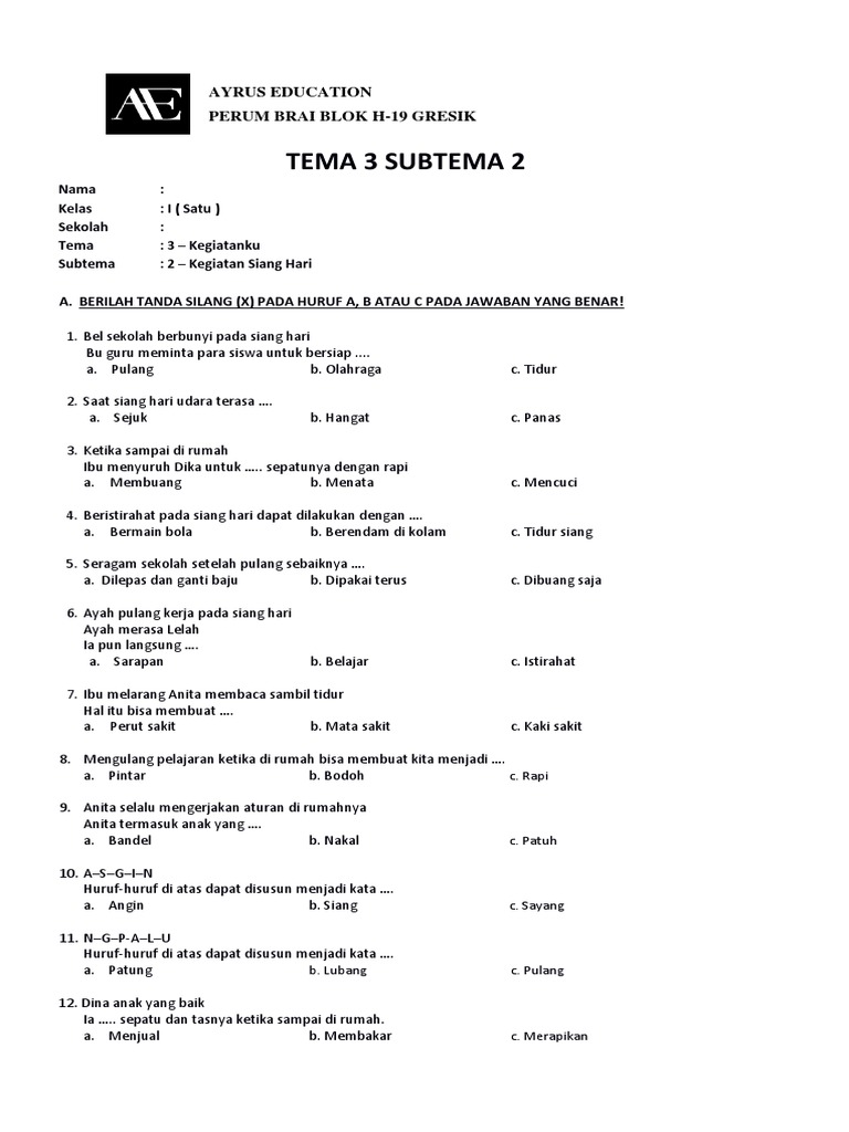 contoh soal buku tema 3 kegiatanku kelas 1