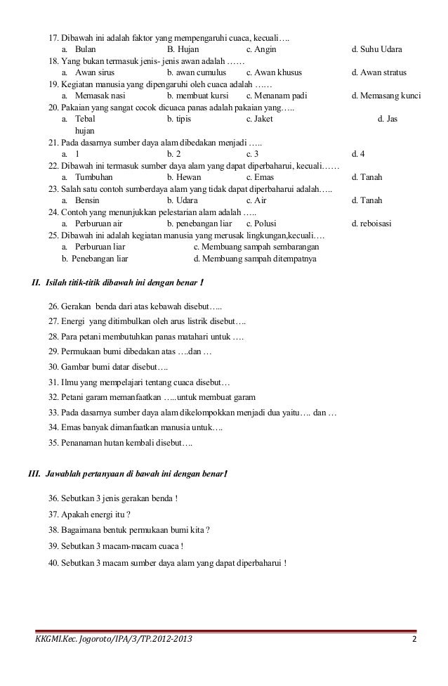 contoh soal c1 sampai c3 isian ipa sd kelas 3