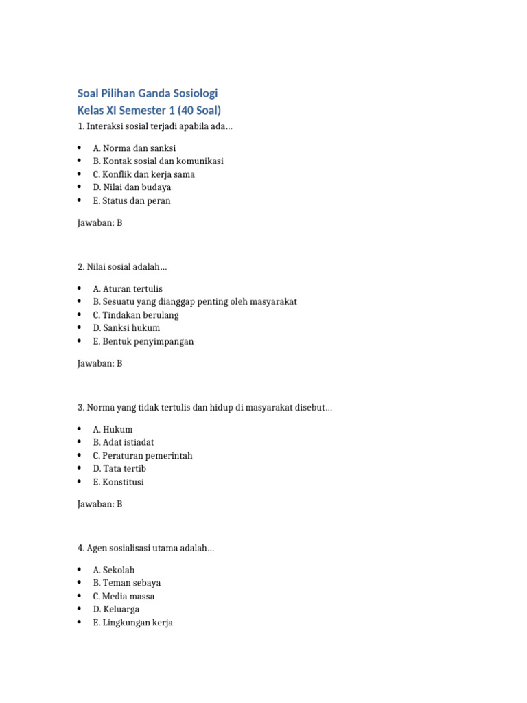 Soal Sosiologi Kelas XI Semester 1 PDF