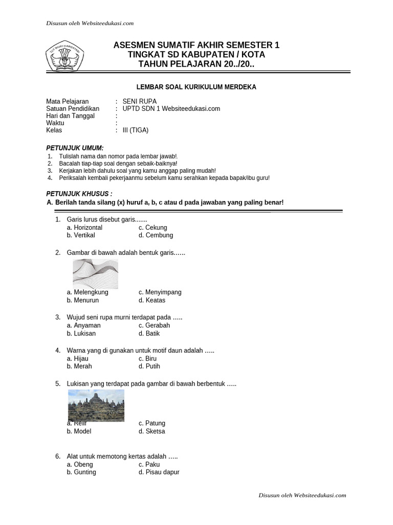 Soal Seni Rupa SD Kelas III Kurikulum Merdeka PDF