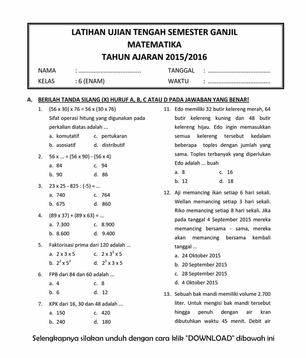 5 Contoh Soal Matematika Ujian Semester 1 Kelas 6 yang Wajib Dikuasai di 2026