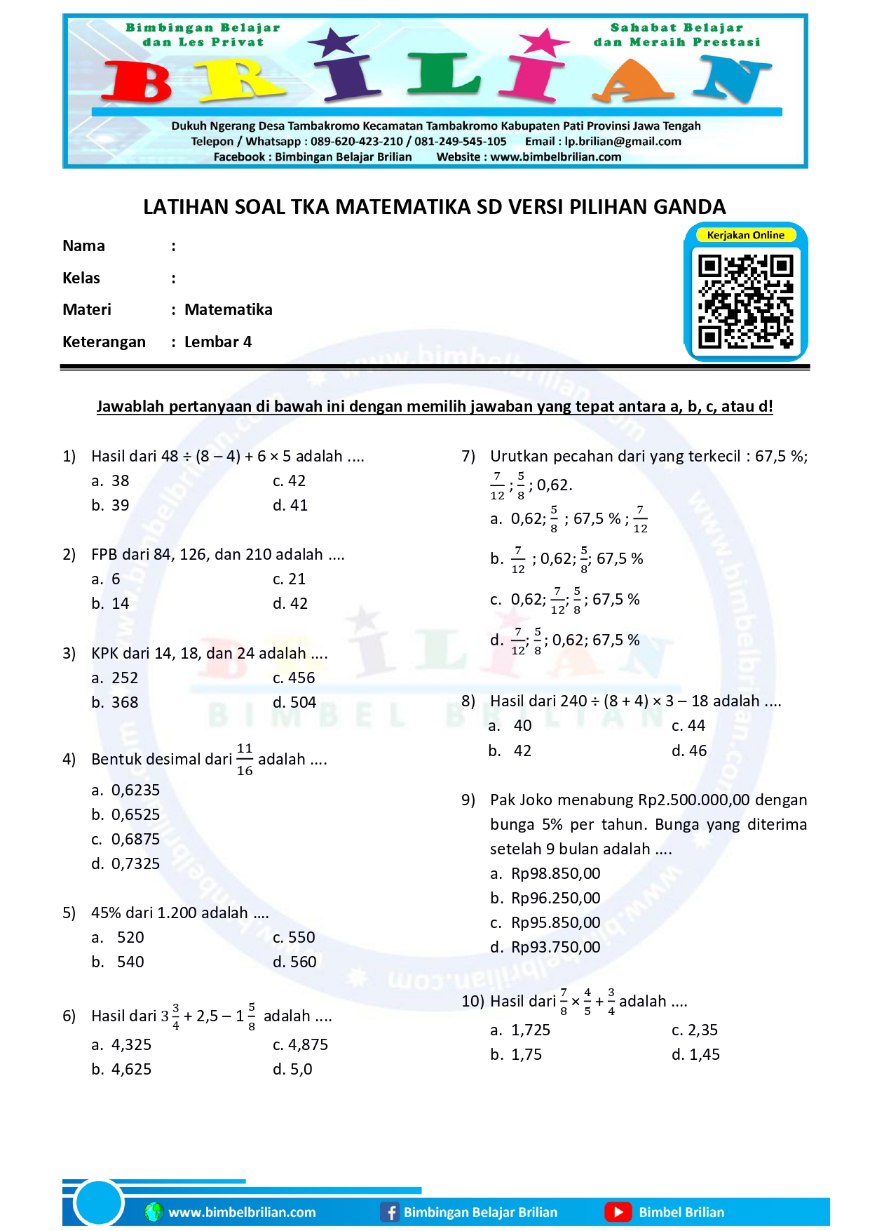 Soal TKA Matematika SD Pilihan Ganda Lembar 4 dan Kunci Jawaban
