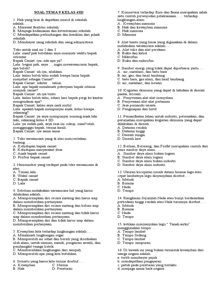 Soal Tema 9 Kelas 4 SD dan Jawaban PDF