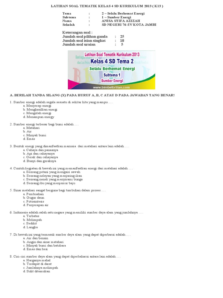 Latihan Soal Energi Kelas 4 SD PDF Sains Matematika Latihan Soal Energi Kelas 4 SD PDF Sains Matematika
