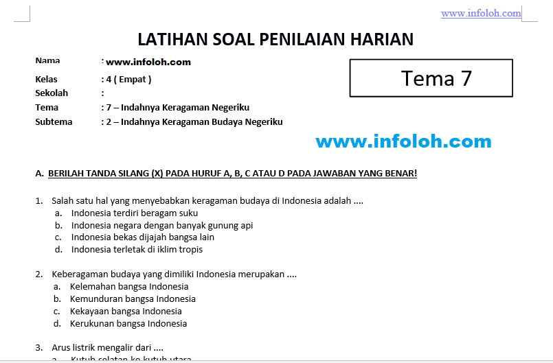 download soal tema 7 kelas 4 indahnya keragaman di negeriku