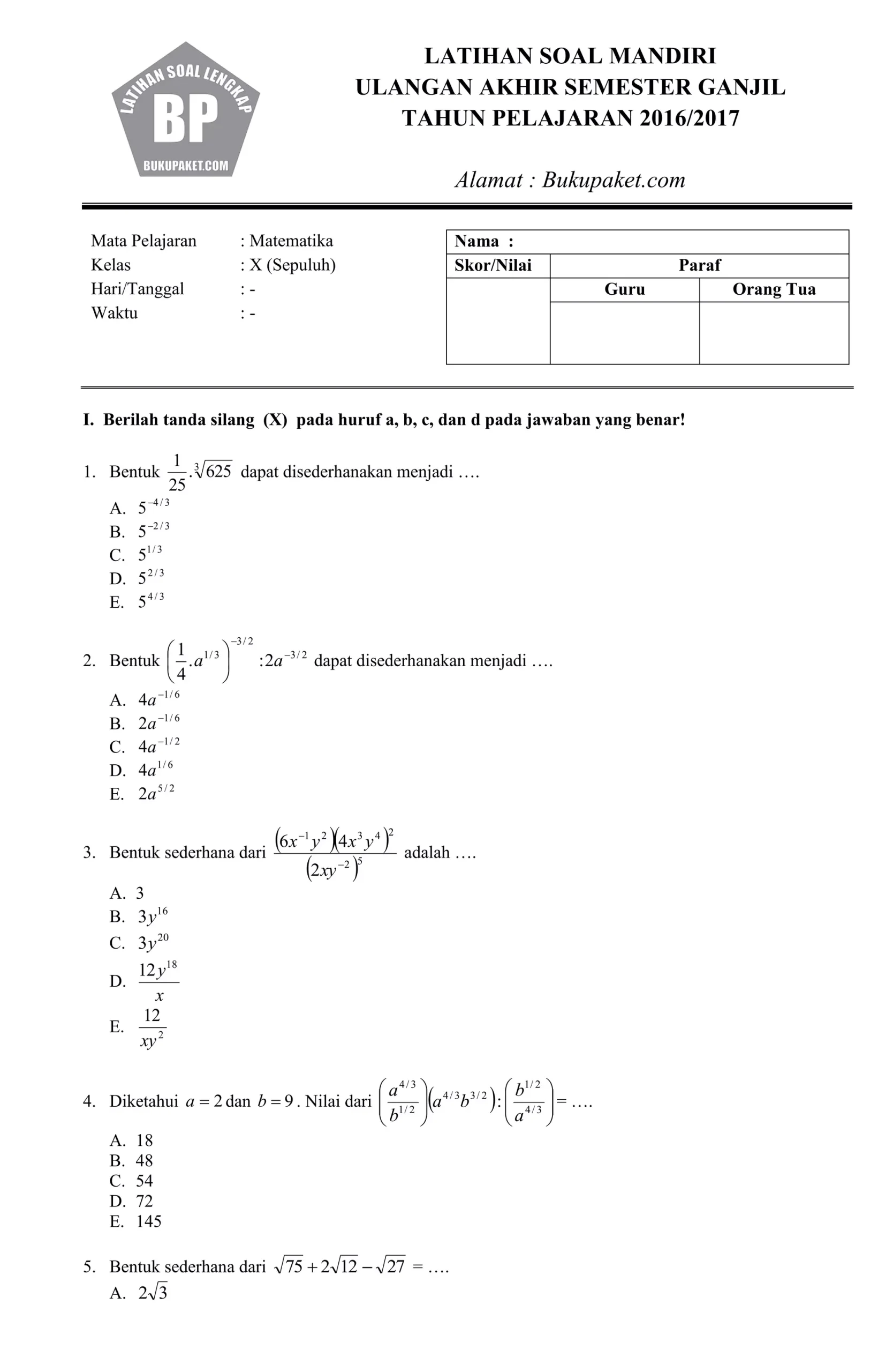 Terbukti Contoh Soal Matematika Ujian Semester 1 Kelas 10 Bikin Nilai Naik OMI 2026